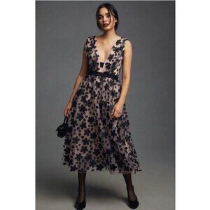 By Anthropologie NWT 3D Flowers Pink Black Tulle Midi Dress Plunge Neckline Sz 4
